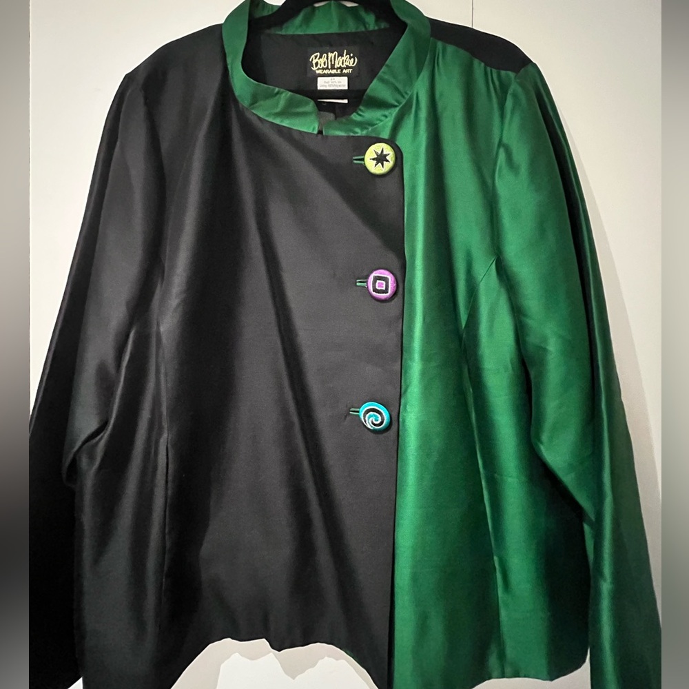 Vintage Bob Mackie 100% Silk Emerald Green Color Block Wearable Art Fun Buttons